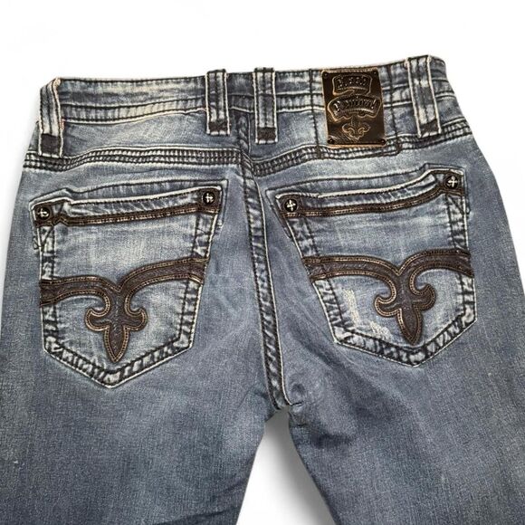 Rock Revival Nick All-Straight Jeans Men’s Size 32 Blue Distressed Denim Embroid - Picture 7 of 8